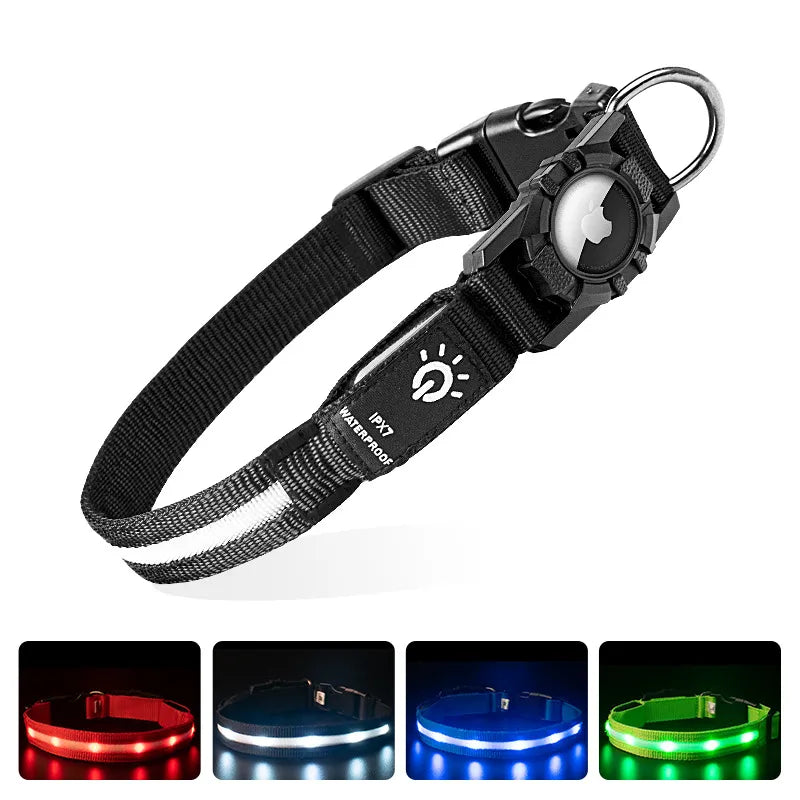 Black LED dog collar with airtag holder, and lights displayed on a white back ground