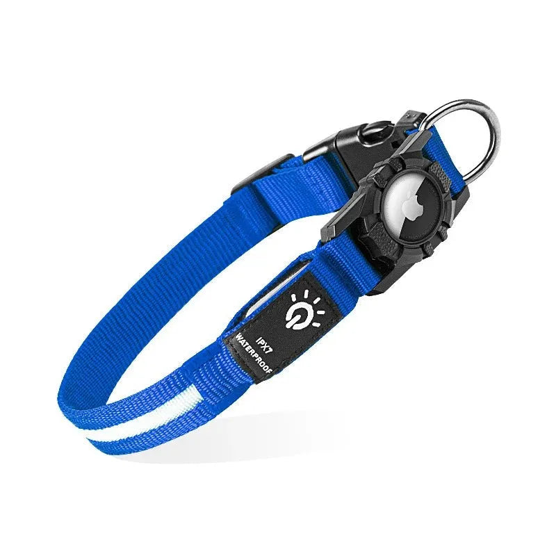 Blue LED dog collar with airtag holder, and lights displayed on a white back ground