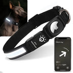 Black LED dog collar with airtag holder, lights and a smartphone with location app displayed on a white background