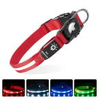 Red LED dog collar with airtag holder, and lights displayed on a white back ground