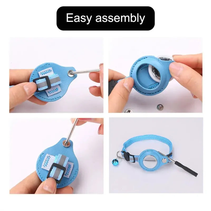 Step-by-step assembly of a blue pet leash with airtag and a bell on a white background.
