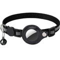 Black reflective pet collar with airtag holder and bell on a white background