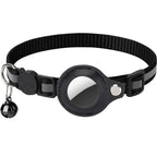 Black reflective pet collar with airtag holder and bell on a white background