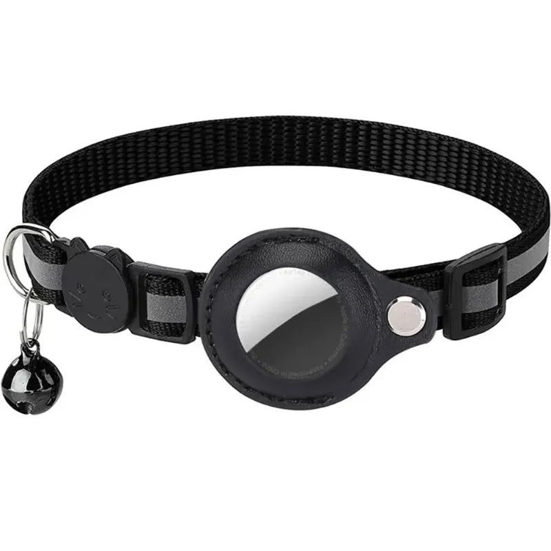 Black reflective pet collar with airtag holder and bell on a white background