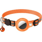 Orange reflective pet collar with airtag holder and bell on a white background