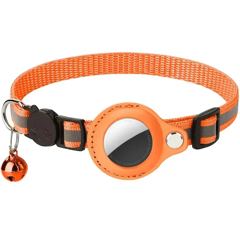 Orange reflective pet collar with airtag holder and bell on a white background
