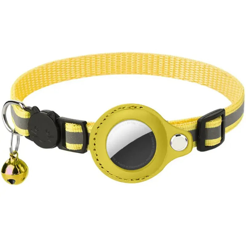 Yellow reflective pet collar with airtag holder and bell on a white background 