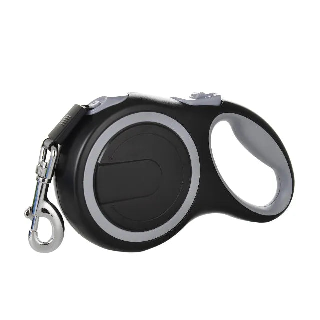 Black retractable dog leash with silver clip on a white background