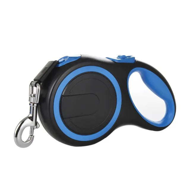 Black and blue retractable dog leash on a white background