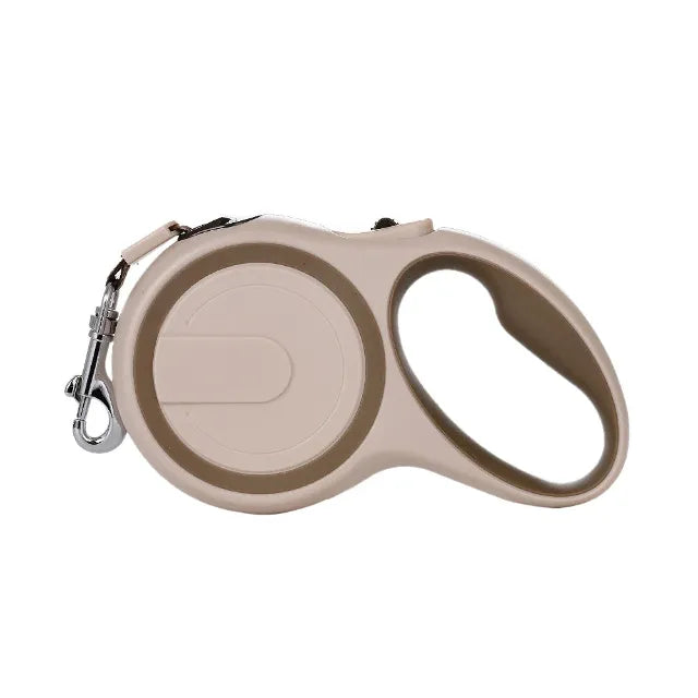 Beige and khaki retractable dog leash on a white background