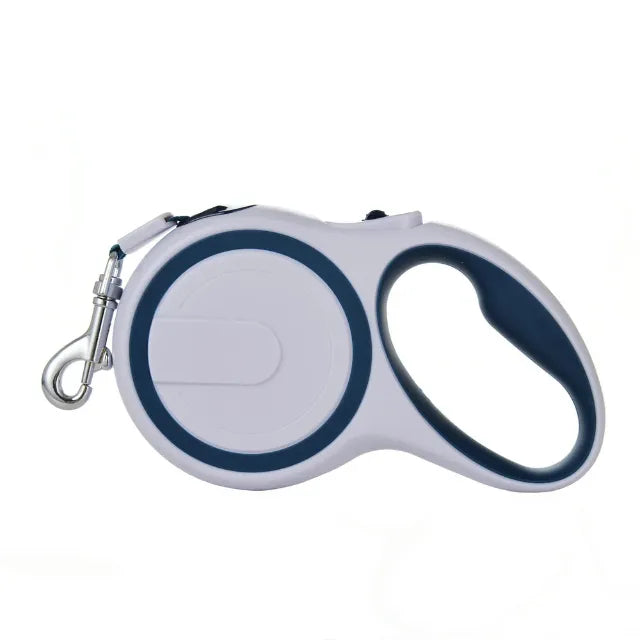 Navy blue and white retractable dog leash on a white background