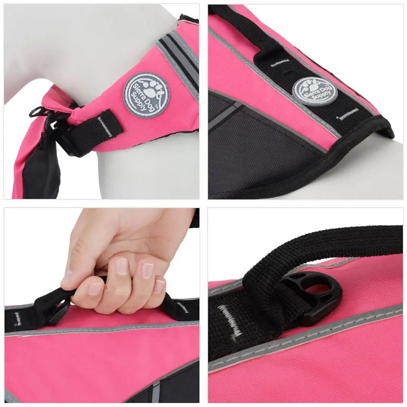 Collage of a pink dog flotation vest with reflective stripes, brand logo, and handle details.