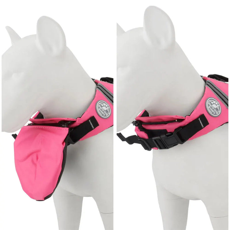 Dog mannequin displaying the neck features of a pink flotation vest with black straps on a white background