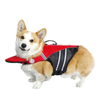 Corgi wearing a red and black dog life jacket on a white background