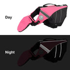 Pink and black dog life jacket shown during the day and night on a white background.