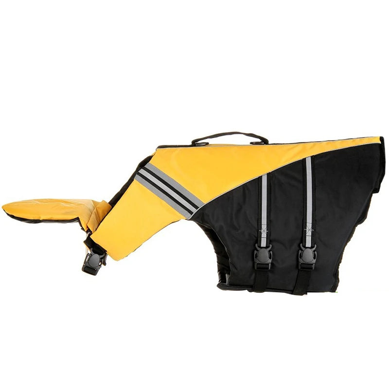 Yellow and black dog life jacket with reflective stripes on a white background