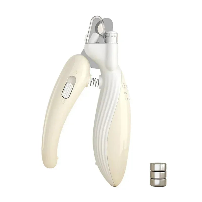 Beige kaki led pet nail clipper and batteries on a white 