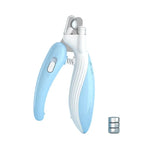 Blue led pet nail clipper with dimensions and batteries on a white 