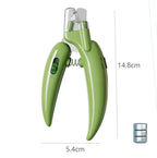 Green led pet nail clipper with dimensions and batteries on a white background