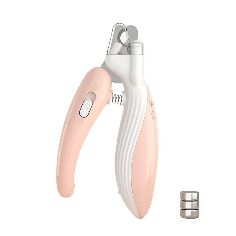 Pink led pet nail clipper and batteries on a white 