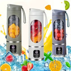 Three portable blenders with fruit inside on a colorful background with fruits and ice cubes.