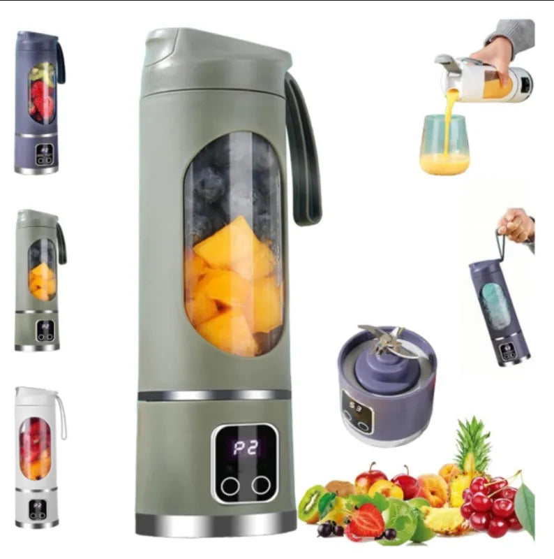 Portable blender with fruit inside, surrounded by images of fruits and a person pouring juice.