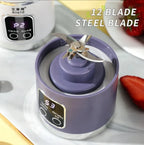 Purple blender motor with 12 stainless steel blades on a kitchen counter with strawberries.