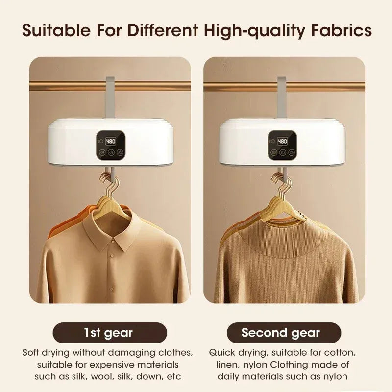 Clothing dryer on a hanger with text indicating different settings for fabric types.