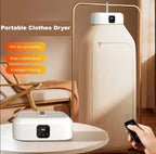 Portable clothes dryer showing feature text with remote control in a home setting