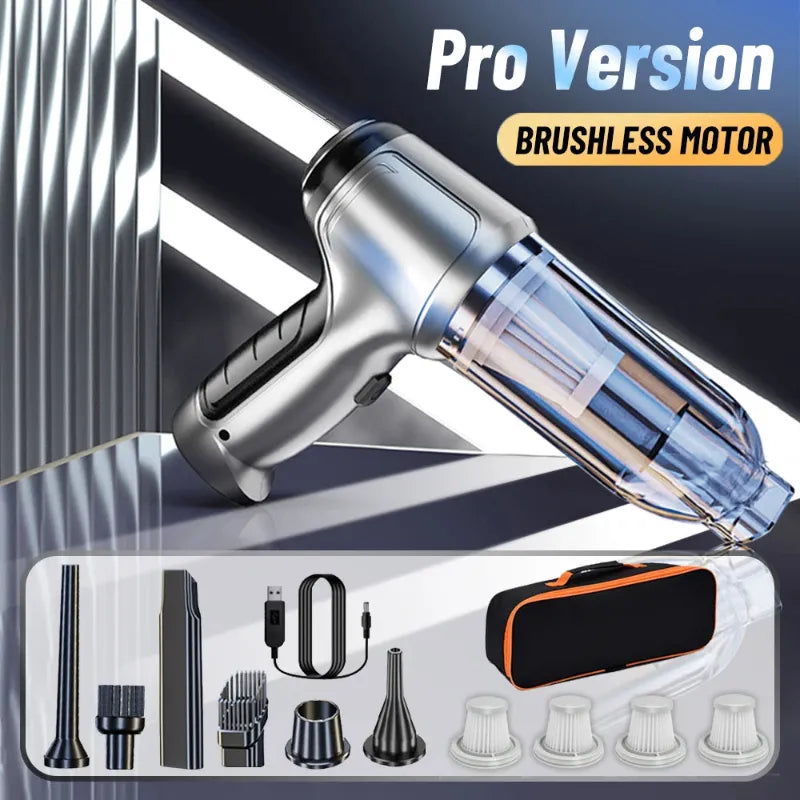 Handheld vacuum cleaner with brushless motor and attachments on a reflective surface