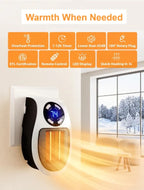 Wall-mounted heater with digital display in a room with a snowy landscape outside the window. Product features 