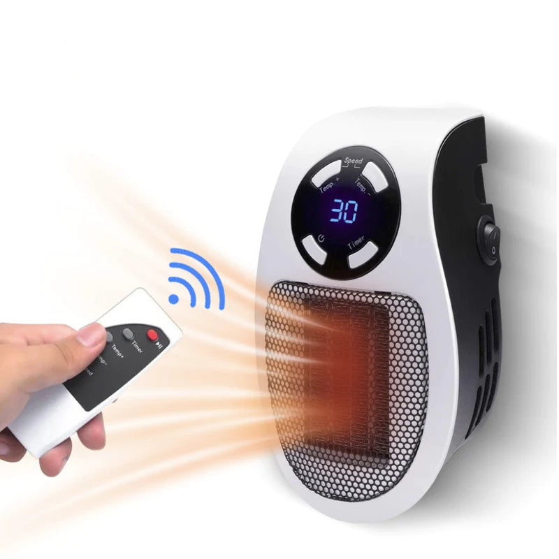 Portable space heater with digital display and remote control on a white 