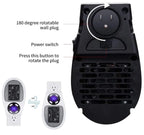 Black wall plug with 180-degree rotatable plug feature and power switch on a white background
