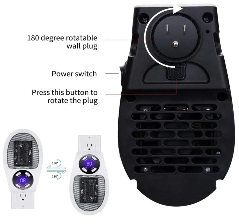 Black wall plug with 180-degree rotatable plug feature and power switch on a white background