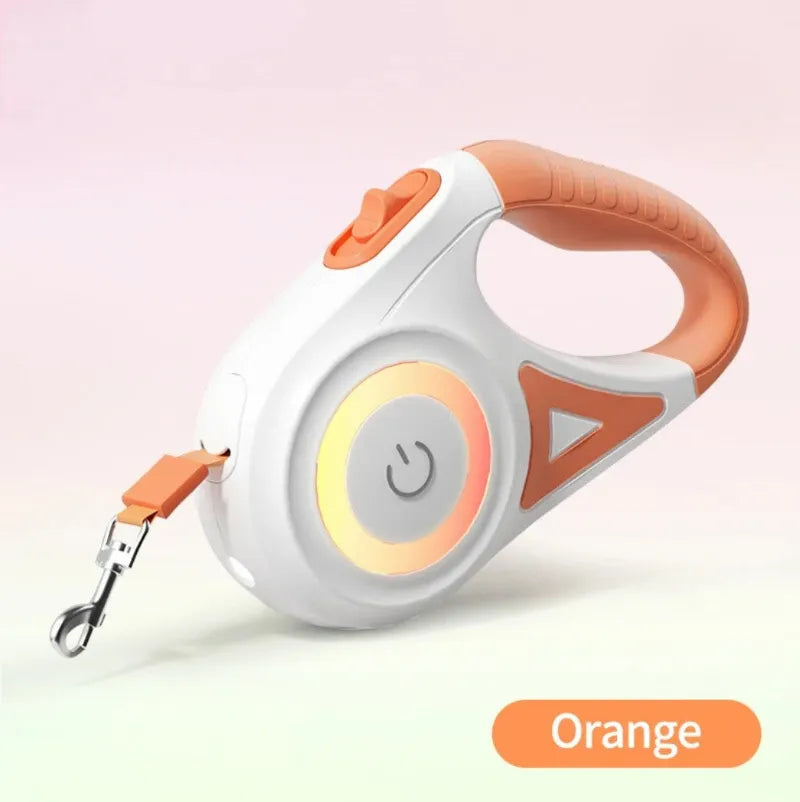 Orange retractable dog leash with led and gray handle on a light orange background
