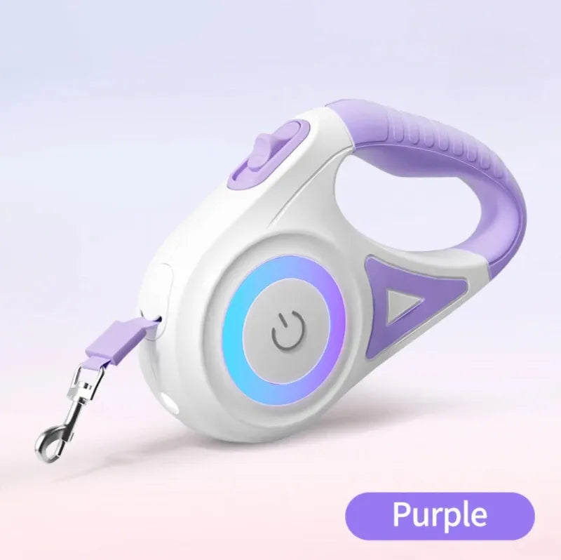 Purple retractable dog leash with led and gray handle on a light purple