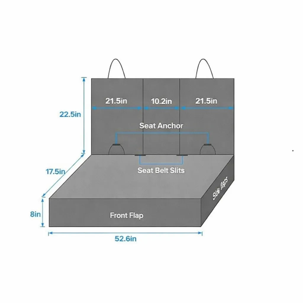 Diagram of a vehicle seat protector with measurements on a white background
