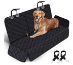Black car seat cover with a dog sitting on it, featuring two straps on a white background.