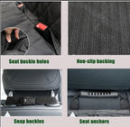 Collage of features including seat buckle holes, non-slip backing, snap buckles, and seat anchors on a car seat cover.