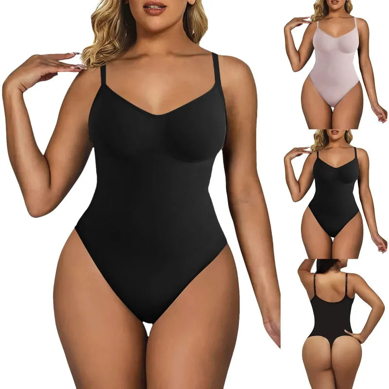 Black bodysuit worn by a model with additional images of the same bodysuit in different colors on a white background.