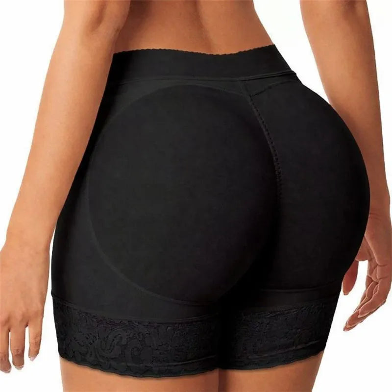 Black high-waisted padded shapewear underwear with lace trim on a white background