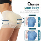 Product advertisement showing a shapewear garment with text claiming to solve buttock shape issues.