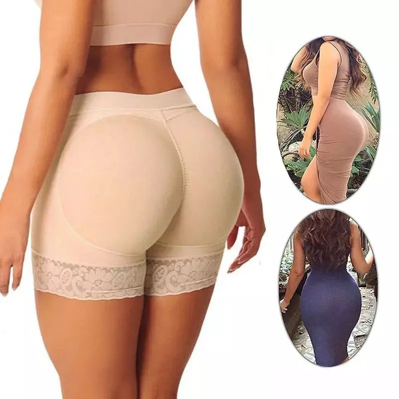 Beige padded butt lift shapewear with lace details on a white background