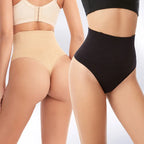 Two pairs of shapewear panty briefs, one beige and one black, on a plain background.