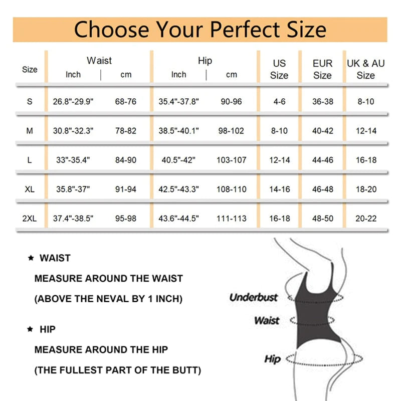 Size chart for measuring waist, hip, and body sizes with conversion options.