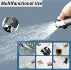 Multifunctional cleaning tool with shower head removed and its various uses shown on a blue background