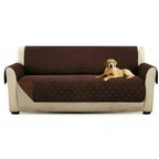 Dog lying on a brown waterproof sofa cover with a white background