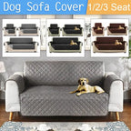 Gray sofa cover on a sofa with a dog lying on it, surrounded by images of the cover in different sizes and colors