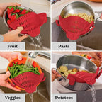 Collage of food items being strained from pot