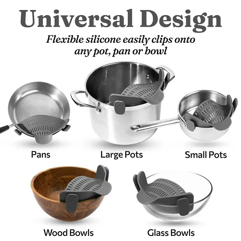 Examples of universal silicon strainer used on different pots and bowls